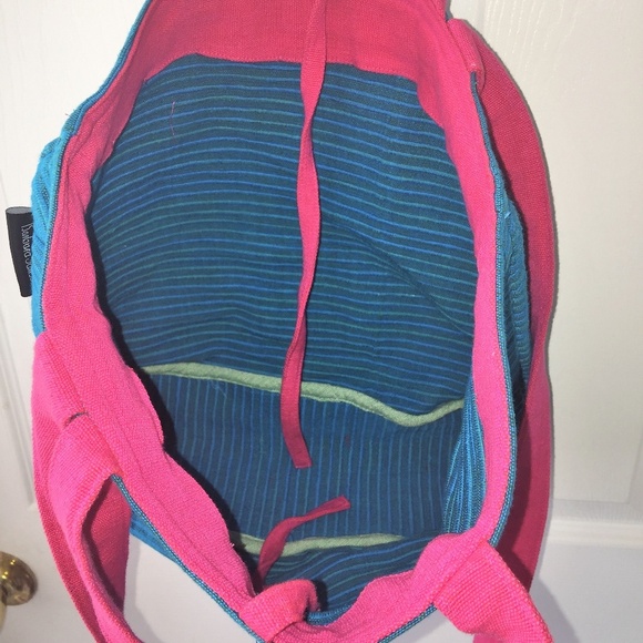 Barbara Samsoni Pink Teal Blue Handwoven Handmade Cotton Summer Beach Tote Bag - Picture 3 of 7